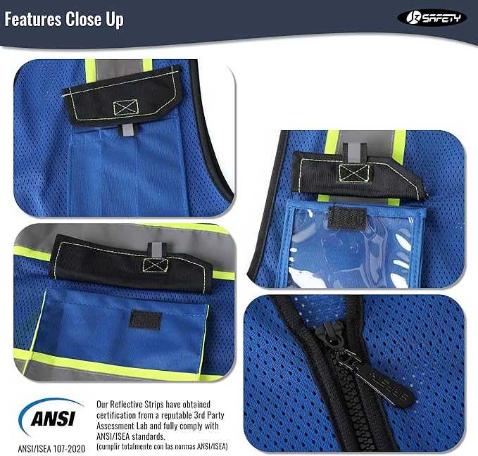 JKSafety Hi Vis Reflective Safety Vests for Men Women High Visibility Vest with Pockets Mesh Fabric Construction Safety Apparel Neon Vest for Work (220-Blue M)