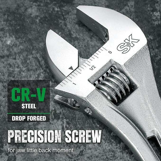 SK 8-Inch Adjustable Wrench, 1" Jaw Capacity, Cr-V Steel, SAE&Metric Scales