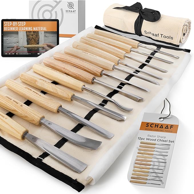 Schaaf Wood Carving Tools Set of 12 Chisels with Canvas Case | Wood Carving Chisels with Razor Sharp CR-V 60 Steel Blades