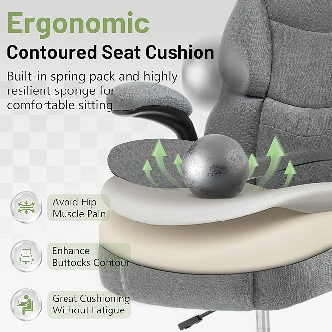 500LBS Drafting Chair, High Back Safer Standing Desk Chair, Executive Tall Office Chair with Flip-up Armrests, Upholstered Fabric Task Chair, Ergonomic Seat with Adjustable Height&Foot Ring, Grey