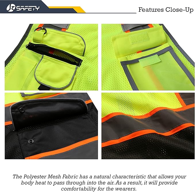 JKSafety 9 Pockets Class 2 High Visibility Dual Color Zipper Front MESH Lite Safety Vest | Orange Color Triming Reflective Strip | ANSI/ISEA Standards (100-Yellow-Black, M)