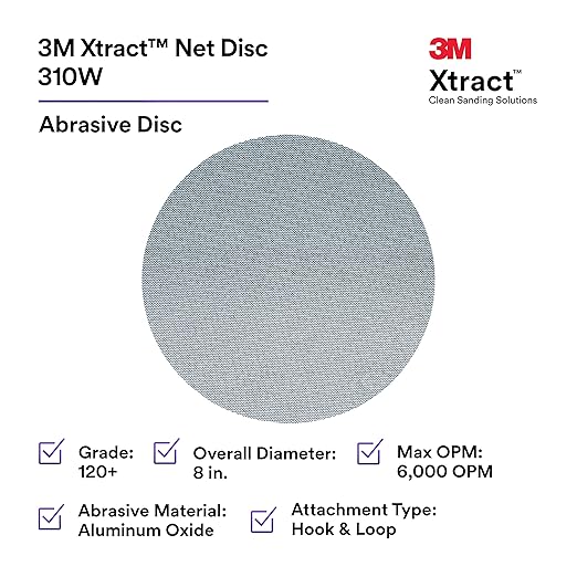 3M Xtract Net Disc 310W, 120+, 8 in, Die 800L, Pack of 50 Hook and Loop Sanding Discs, Virtually Dust-Free, Value Option for Metal, Wood, Composites, Stock Removal, and Fine Finishing