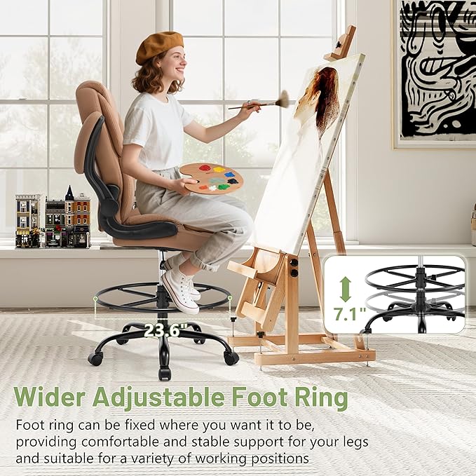 500LBS Drafting Chair, High Back Safer Standing Desk Chair, Executive Tall Office Chair with Flip-up Armrests, Upholstered PU Leather Task Chair, Ergonomic Seat with Adjustable Height&Foot Ring, Brown