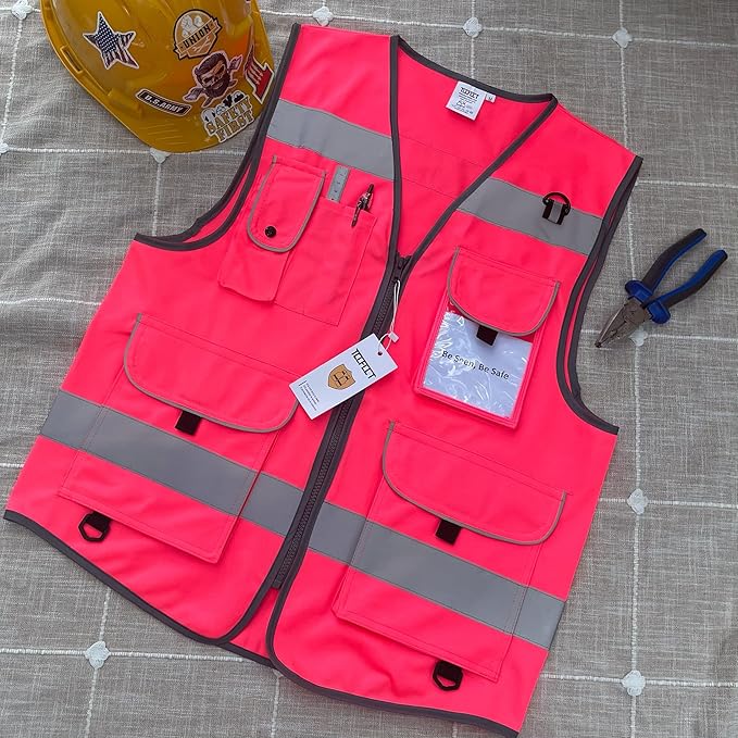 TCCFCCT Reflective Safety Vest 9 Pockets High Visibility Vest for Men Women, Hi Vis Construction Work Vest with Reinforced Sewing, Durable to Use, Meets ANSI/ISEA Standards, (Pink, 5X-Large)