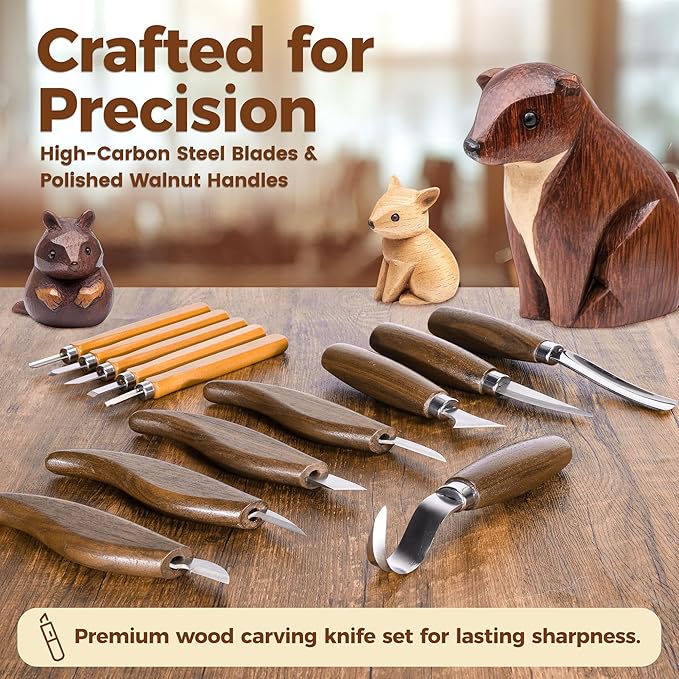 18PCS Wood Carving Kit for Beginners & Enthusiasts – Whittling Knife Set with Toll Roll Tote, Safety Gloves, Sharpening Stone, Leather Strop – Wood Carving Tools Set