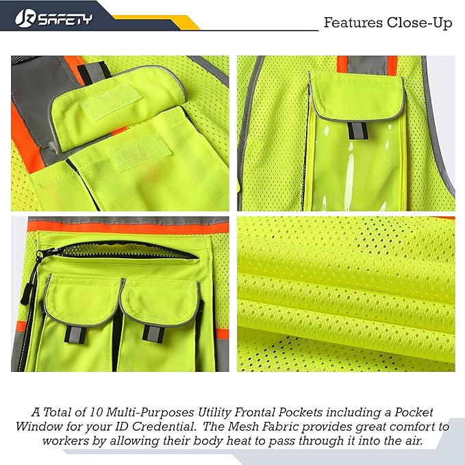 JKSafety 10 Pockets Hi-Vis Neon Color Frontal Zipper Mesh Safety Vest for Men Women Safety Utility for works Comply to ANSI/ISEA Class 2 (86-Yellow XXL)