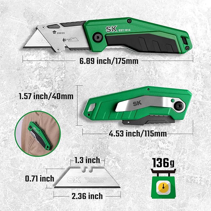 SK Folding Utility Knife with Additional Wire Cutter, Quick Change Box Cutter with Liner Lock & Belt Clip, Lightweight Aluminum Handle