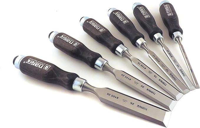 Narex 6 pc Set 6 mm (1/4), 10 (3/8), 12 (1/2), 16 (5/8), 20 (13/16), 26 (1-1/16) Woodworking Chisels in Wooden Presentation Box 853053