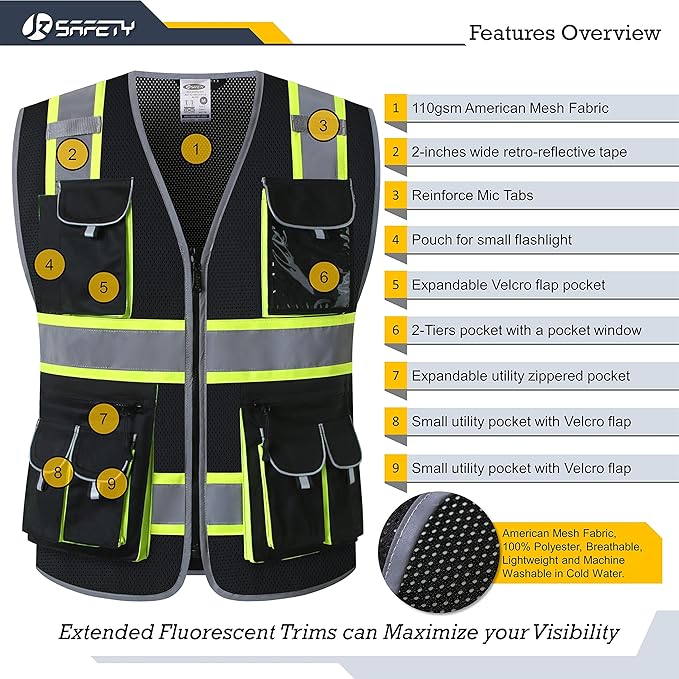 JKSafety 10 Pockets Hi-Vis Neon Color Frontal Zipper Mesh Safety Vest for Men Women Safety Utility for works Comply to ANSI/ISEA Standards (86-Black M)