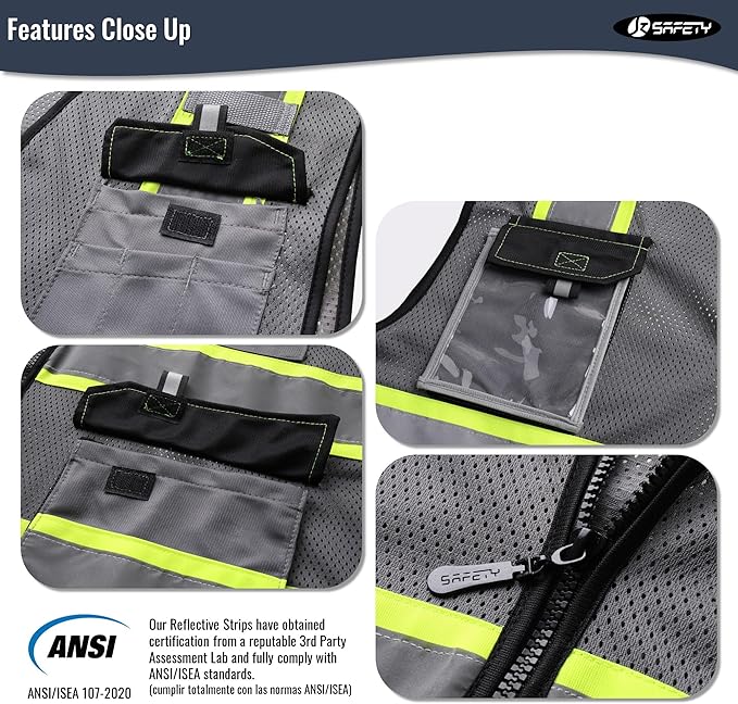 JKSafety Hi Vis Reflective Safety Vests for Men Women High Visibility Vest with Pockets Mesh Fabric Construction Safety Apparel Neon Vest for Work (220-Grey M)