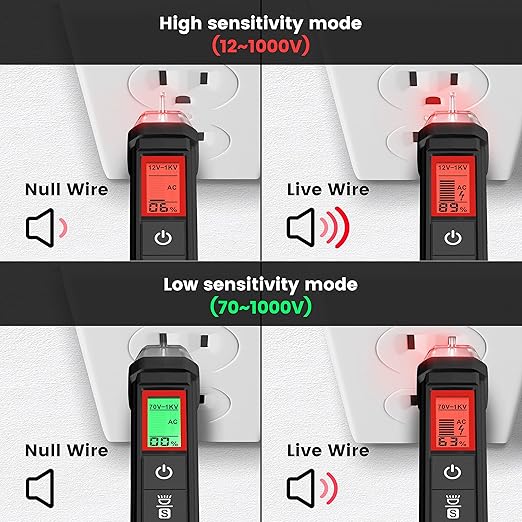 KAIWEETS Voltage Tester/Non-Contact Voltage Tester with Signal Percentage, Dual Range AC 12V/70V-1000V, Live/Null Wire Tester, Electrical Tester with LCD Display, Buzzer Alarm, Wire Breakpoint Finder