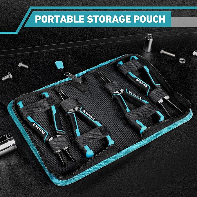 DuraTech 4 PCS Snap Ring Pliers Set, 7 Inch Heavy Duty Internal & External Circlip Pliers Kit with Straight/Bent Jaw, Premium CRV Steel, Precision Spring Loaded C Clip Pliers with Storage Pouch