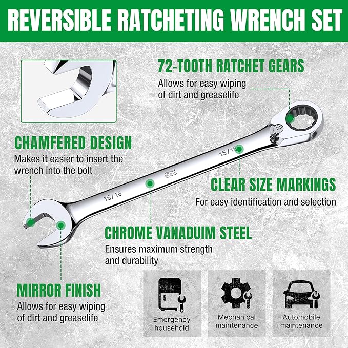 SK Reversible Ratcheting Wrench Set, Combination Wrench Set, 13-Piece, SAE 1/4" to 1", 72-Tooth, Premium CR-V Construction, with Rack Organizer