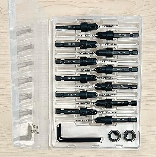 FTG USA Countersink Drill Bit Set for Wood with Tapered Drill Bit 12 Pc #4 (7/64")