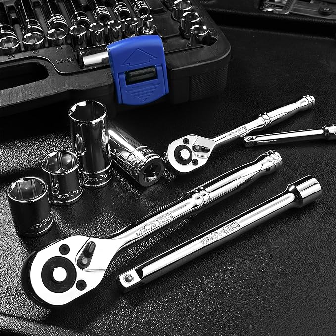 EPAuto 69 Pieces - 1/4" & 3/8" Drive Socket Set with Pear Head Ratchet, Chrome (92-824)