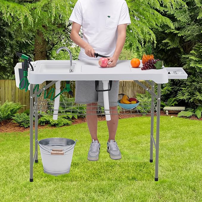 AHB 42'' Outdoor Fish Cleaning Table Portable Camping Sink Station with Double Sinks, Collapsible Swivel Faucet, Picnic Sink Table with 6pc Fish Cleaning Kit for Picnic Beach Patio