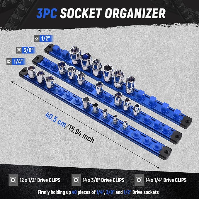 ALOANES Magnetic Socket Organizer Set, 3-Piece Heavy Duty Aluminum Socket Holder Socket Rail Organizer for Tool Box, 360° Swivel Clips Socket Rack 1/4, 3/8, 1/2-Inch x 40 Clips (Blue)