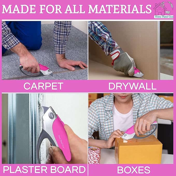 Pink Box Cutter Retractable Utility Knife - Two Pack Heavy Duty Cardboard Carton Cutter Opener Retracting - with 5 Sharp Utility Razors