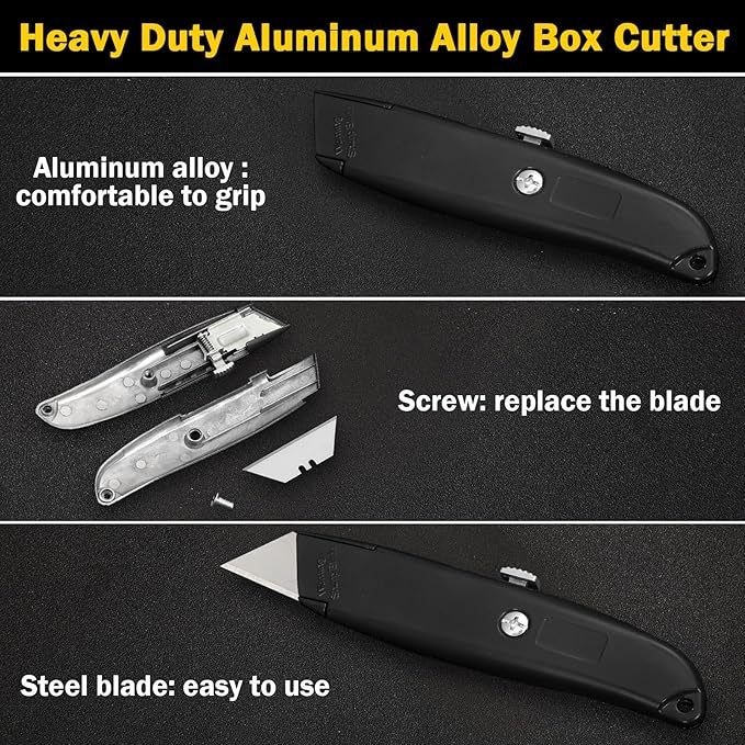Reginary 20 Pcs Box Cutter Bulk Retractable Utility Knife Heavy Duty Aluminum Alloy Razor Knife for Cardboard Box Carton Opener for DIY, Factory, Home Office(Black)