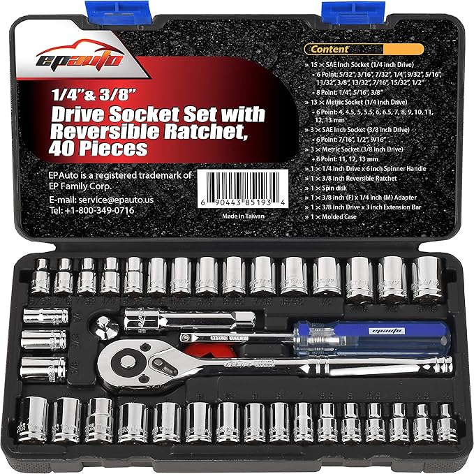 EPAuto 40 Pieces 1/4-Inch & 3/8-Inch Drive Socket Set with 72 Tooth Reversible Ratchet