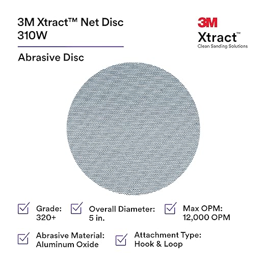 3M Xtract Net Disc 310W, 320+, 5 in, Die 500X, Pack of 50 Hook and Loop Sanding Discs, Virtually Dust-Free, Value Option for Metal, Wood, Composites, Stock Removal, and Fine Finishing