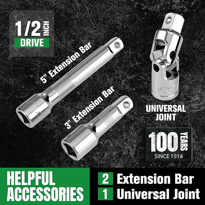 SK 1/2" Drive Socket Set with 160-P Ratchet, 34-Piece, SAE, SuperKrome Finish, Premium CR-V Construction, with EVA Foam Tool Organizer