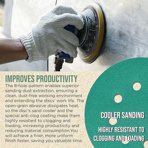 Dura-Gold Premium 80 Grit 5" Green Film Sanding Discs, 8-Hole Pattern, Box of 50 - Dustless Hook & Loop Backing Sandpaper for DA & Random Orbital Sanders, Sand Automotive Paint Woodworking Furniture
