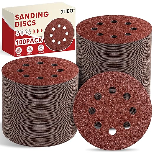 JTIEO 5 Inch Sanding Discs – 100 PCS 60 Grit Sandpaper Assortment, Hook & Loop Orbital Sander Pads, Round Sanding Pads for Random Orbital Sanders