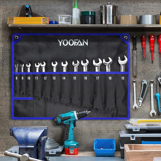 YOOFAN Wrench Roll Up Pouch – Wrench Organizer with 12+1 Pockets, Wrench Bag with Handle, Wrench Holder for Hanging, Blue – Metric