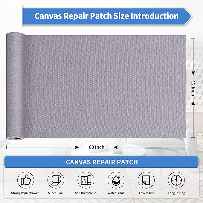 KING MOUNTAIN Canvas Repair Tape,Outdoor Gear Patch, 12×60 Inches,Waterproof,Self-Adhesive for Repairing Boat Covers,Sun Shades,Sofas,Tents,Lounge Chairs,Awnings (Light Grey)