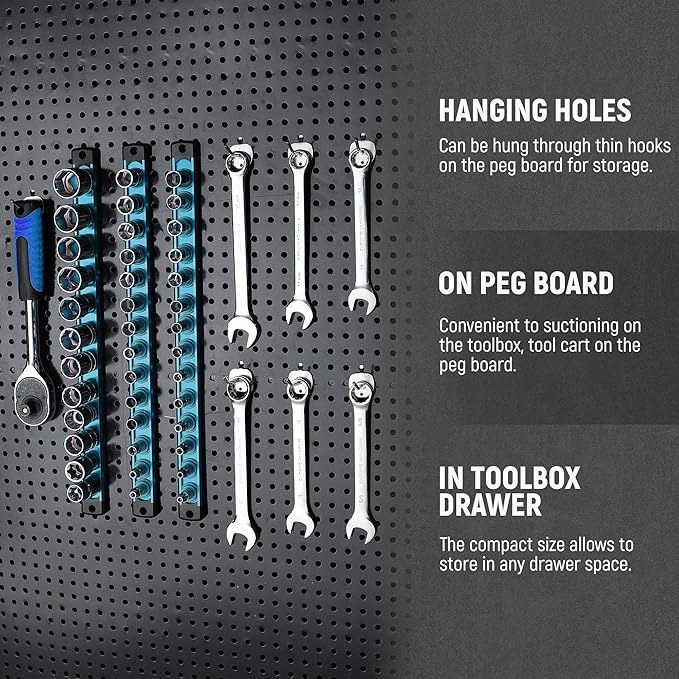 ALOANES Magnetic Socket Organizer, 3/8-Inch Drive Aluminum Socket Holder Socket Tray, Heavy Duty Socket Rail Organizer for Tool Box Drawer, 360°Swivel Clips Socket Rack 3/8-Inch x 14 Clips (Aqua Blue)