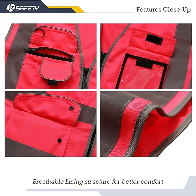 JKSafety 9 Pockets Class 2 High Visibility Zipper Front Safety Vest With Reflective Strips, Meets ANSI/ISEA Standards (X-Large, 150-Pink)