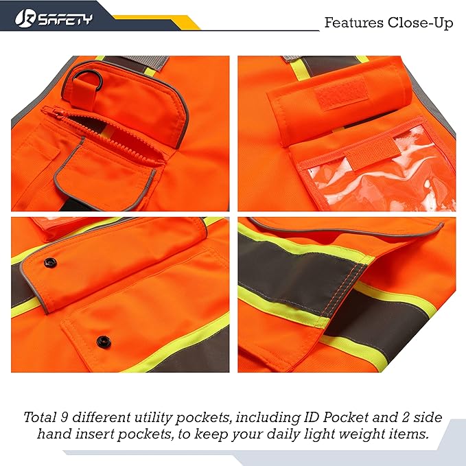 JKSafety 9 Pockets High Visibility Zipper Front Safety Vest | Orange with Dual Tone High Reflective Strips | Meets ANSI/ISEA Standards (901-Orange, X-Large)