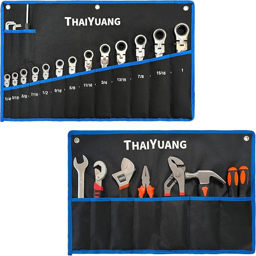 2-Pieces Roll Up Wrench Pouch SAE, Heavy Duty Canvas Tool Wrench Organizer Bag 7+13 Pockets (Only Pouch)