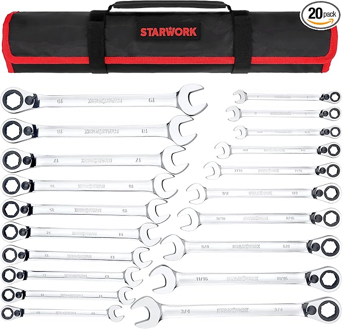 TRUE MECHANIC™ 20 Pc. Reversible Ratcheting Combination Wrench Set, Non-Slip, Long Pattern, SAE, Metric, Professional, With Portable Roll-Up Pouch Bag…