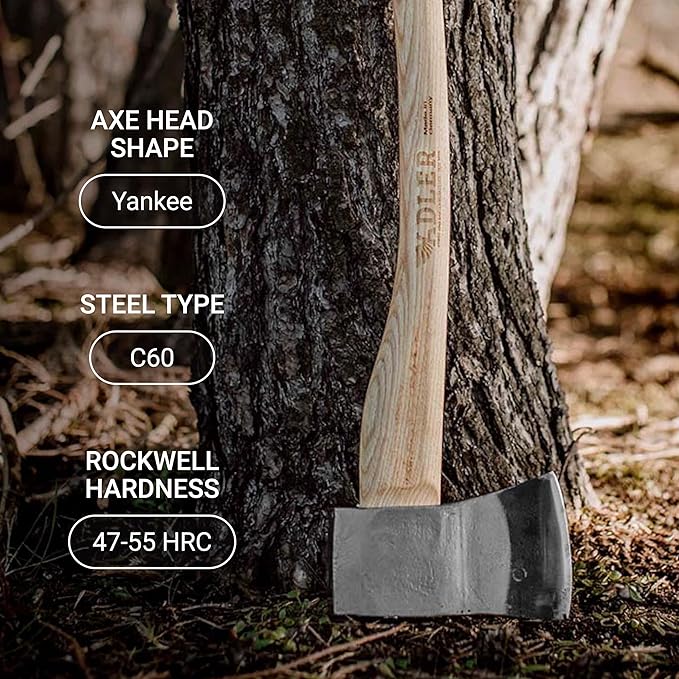 Yankee Axe - German Forester's Axe with Leather Sheath, 3.5 lb Head, Anti-Slip 31.5" Hickory Handle with Red Stripe