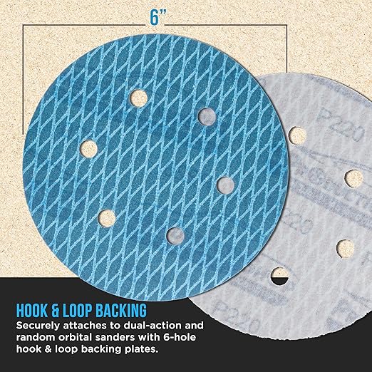 Premium 220 Grit 6" Rhombus Diamond Shape Blue Sanding Discs, 6-Hole, Box of 50 - Hook & Loop Anti-Clogging J-Cloth Dustless Sandpaper for Random Orbital Sanders, Sand Auto Paint, Wood