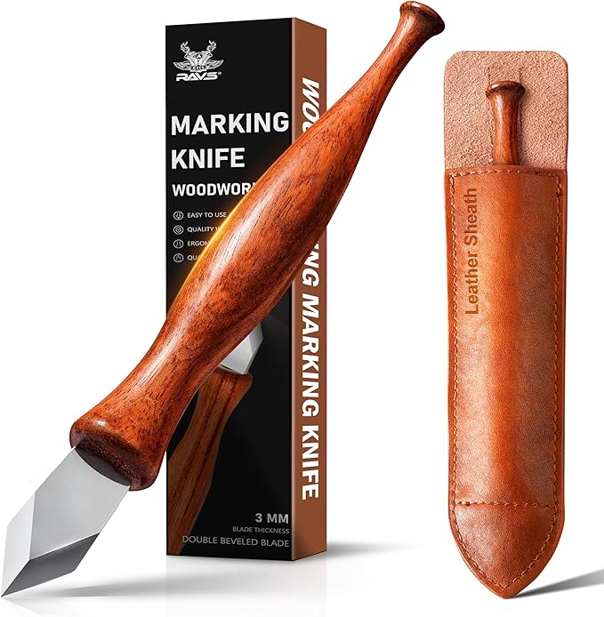 RAVS Double Bevel Striking Marking Knife Woodworking and Leather Sheath, Premium Rosewood Handle Scribing Knife with High Carbon Steel Blade for All Sorts of Wood