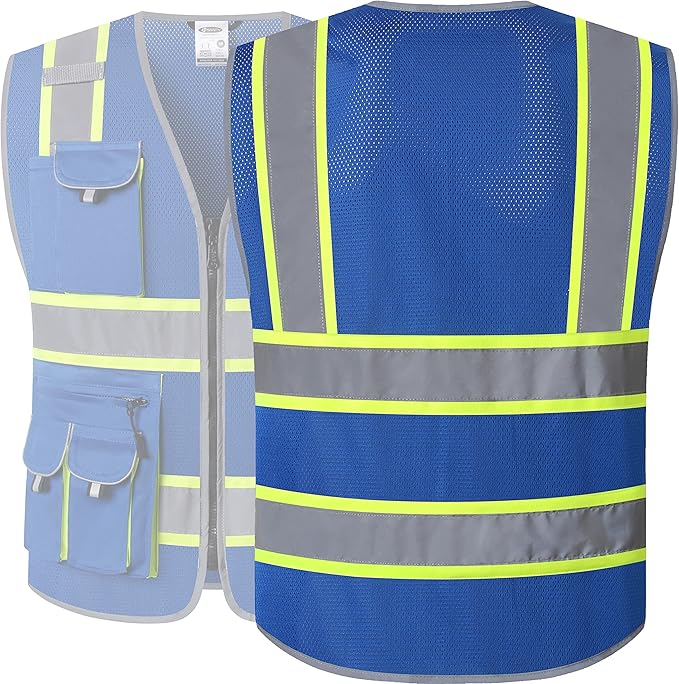 JKSafety 10 Pockets Hi-Vis Neon Color Frontal Zipper Mesh Safety Vest for Men Women Safety Utility for works Comply to ANSI/ISEA Standards (86-Blue XXL)