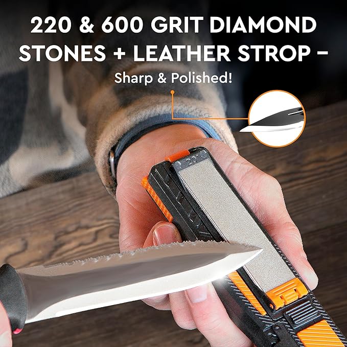 8-in-1 Pocket Field Knife Sharpener – Guided Diamond Whetstones, Diamond Rod, Leather Strop, 2 Sharpening Slots, Fire-Starter Ferro Rod & Whistle – Outdoor, Yard, Camping by Sharp Pebble