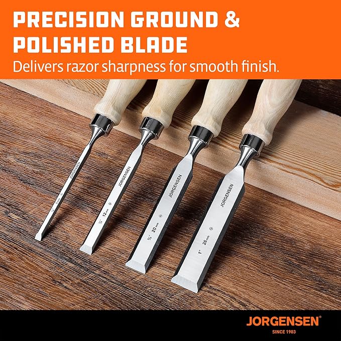 Jorgensen 4-Piece Wood Chisel Set, Chromium Alloy Steel Beveled Edge Wood Chisels, Wood Chisels for Woodworking, Ergonomic Hardwood Handle with Metal Ferrule, 1/4", 1/2", 3/4", 1"
