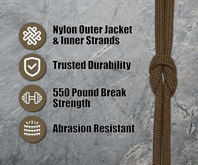 BORED? PARACORD! 550 lb Paracord - Ideal for Crafting, Camping, DIY Projects, Active & Military Outdoors - Strong Survival Rope - Tactical Parachute Cord Type III - Coyote Brown 50 Feet