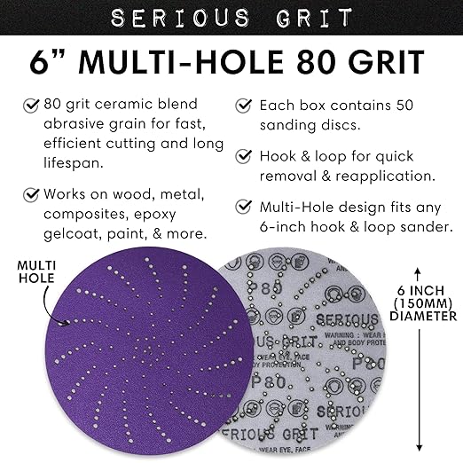 6-Inch 80 Grit Ceramic Multi-Hole Hook & Loop Sanding Discs - Advanced Grain for Fast Cutting & Long Life - Film-Backed Universal Fit Sandpaper for 6-in Sanders - 50 Pack Box