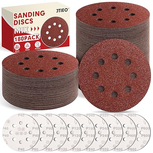 JTIEO 5 Inch Sanding Discs – 180 PCS Sandpaper Assortment for Orbital Sander Pads, Hook & Loop Sanding Pads, Round Sanding Disc Set for Random Orbital Sanders