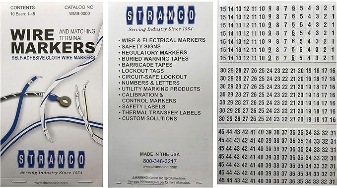 Sherco-Auto 450 Piece Vinyl Adhesive Labling Wire Marker Book – 10 Pages, 45 Labels Each (1–45) - Made in USA