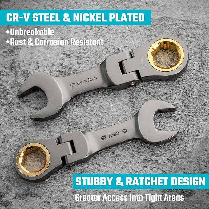 DURATECH 12-Piece Anti-Slip Flex-Head Ratcheting Wrench Set, Stubby Combination Wrench Set, Metric, 8-19mm, 72-Teeth, CR-V Steel, Nickel Plated with Pouch