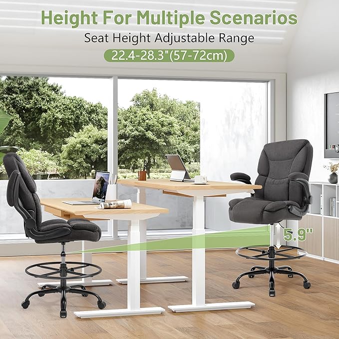 500LBS Drafting Chair, High Back Safer Standing Desk Chair, Executive Tall Office Chair with Flip-up Armrests, Upholstered Fabric Task Chair, Ergonomic Seat with Adjustable Height&Foot Ring, Black