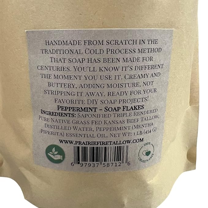 Pure Beef Tallow Soap Flakes - Made in USA - Grass Fed and Finished - Face, Body and Hair - Cleans, Moisturizes, Soothes, and Hydrates. Natural and Organic Peppermint