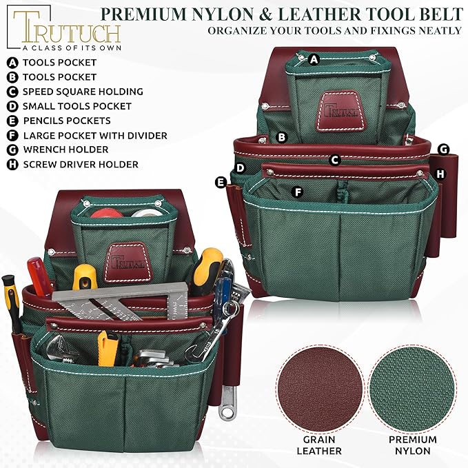 Nylon and Leather Tool Belt | Framing Tool Bags | Leather Tool Belts | Nylon Tool Pouch | Carpenter Tool Belt | Construction | Framers | Electrician (Green)