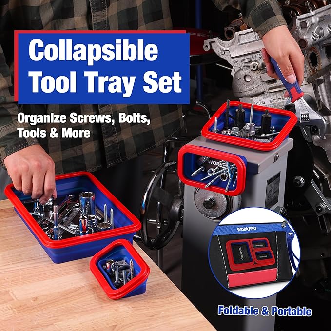 WORKPRO 4PC Collapsible Magnetic Parts Tray Set, Double-Sided Magnet Bowl for Screws, Nuts, Pins, Foldable Bolt Tray for Garage, Maintenance, Silicone Mechanic Tools Gift for Man, 11 Inch & 6.3 Inch